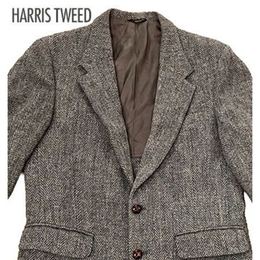 Men’s vintage authentic 100% wool Harris Tweed blazer, taupe herringbone, 42” ch